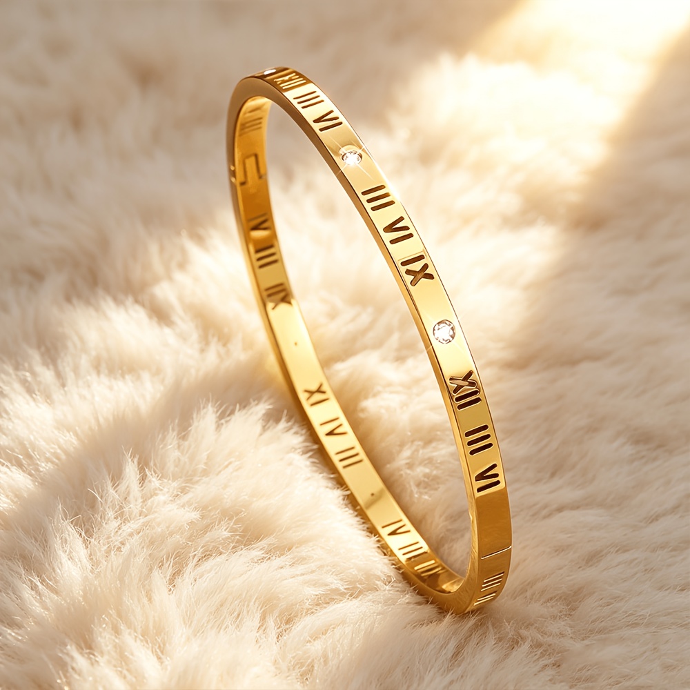 Women's Stainless Steel Roman Numeral Inlaid Stackable Bangle